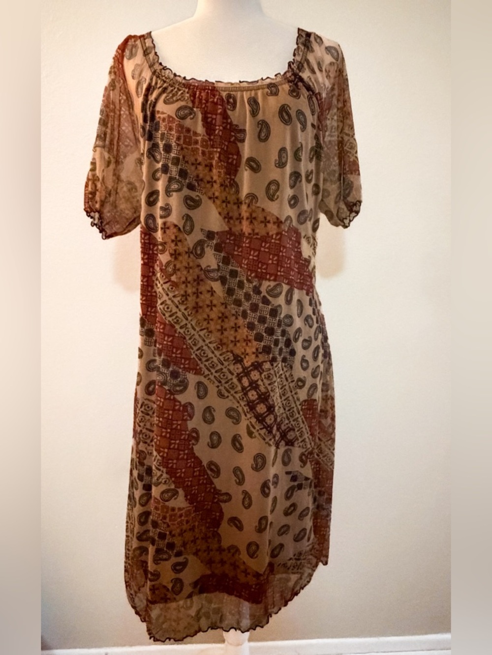 Vintage 90s Y2K Expressions Patchwork Mesh Midi Dress Lettuce Edge Boho XL